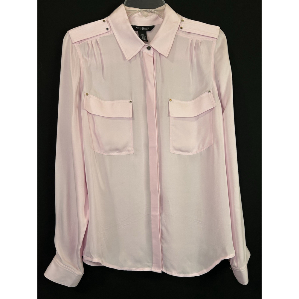White House Black Market Women's Pale Pink 100% Silk Button-Up Blouse Epaulets